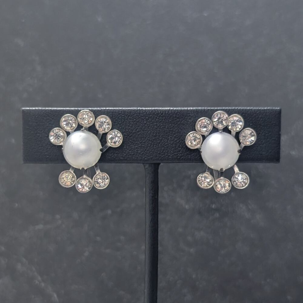 Vintage Screw On Earrings Frosted Center with Clear Gems